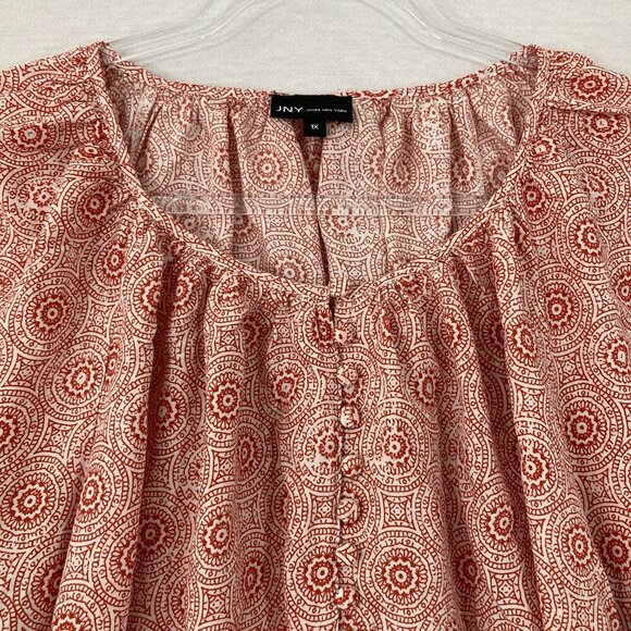 Jones New York Red Tan Patterned 3/4 Sleeve Peasant Popover Blouse 1X Soft Rayon - Picture 4 of 11